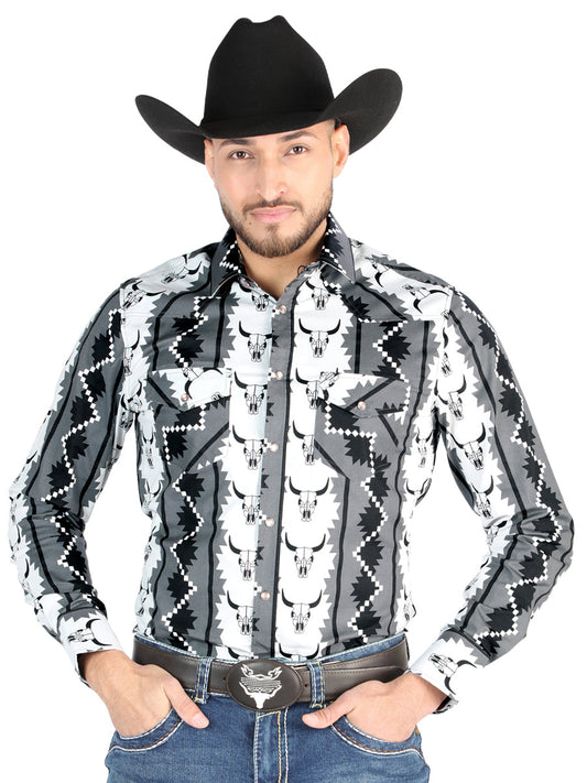 Camisa Vaquera Manga Larga Estampada Negro para Hombre 'El Señor de los Cielos' - ID: 44491 Camisas Estampadas El Señor de los Cielos Black