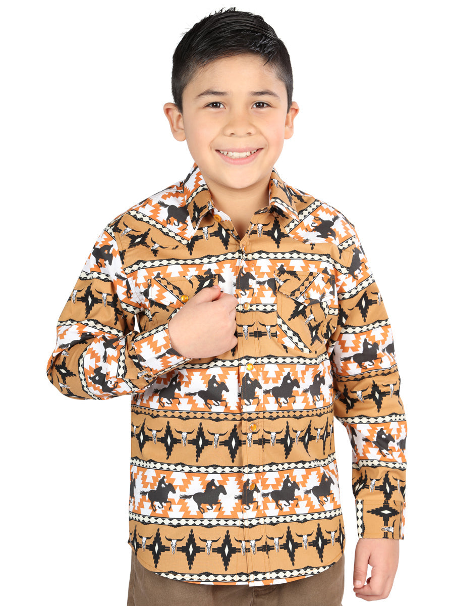 Camisa Vaquera Manga Larga Estampada Caballos Taupe para Niños 'El Señor de los Cielos' - ID: 44493 Camisas Estampadas El Señor de los Cielos Taupe