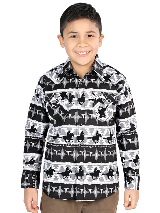 Camisa Vaquera Manga Larga Estampada Caballos Negro para Niños 'El Señor de los Cielos' - ID: 44495 Camisas Estampadas El Señor de los Cielos Black