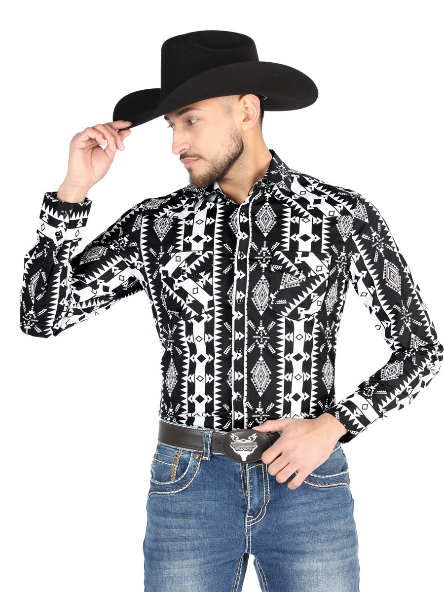 Camisa Vaquera Manga Larga Estampada Negro para Hombre 'El Señor de los Cielos' - ID: 44501 Camisas Estampadas El Señor de los Cielos Black