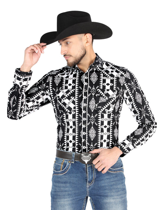 Camisa Vaquera Manga Larga Estampada Negro para Hombre 'El Señor de los Cielos' - ID: 44501 Camisas Estampadas El Señor de los Cielos Black