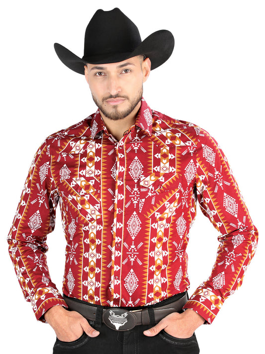 Camisa Vaquera Manga Larga Estampada Burgandy para Hombre 'El Señor de los Cielos' - ID: 44503 Camisas Estampadas El Señor de los Cielos Burgandy