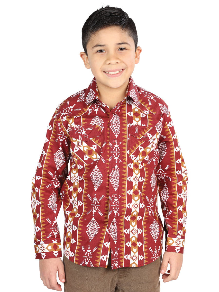 Camisa Vaquera Manga Larga Estampada Burgandy para Niños 'El Señor de los Cielos' - ID: 44509 Camisas Estampadas El Señor de los Cielos Burgandy