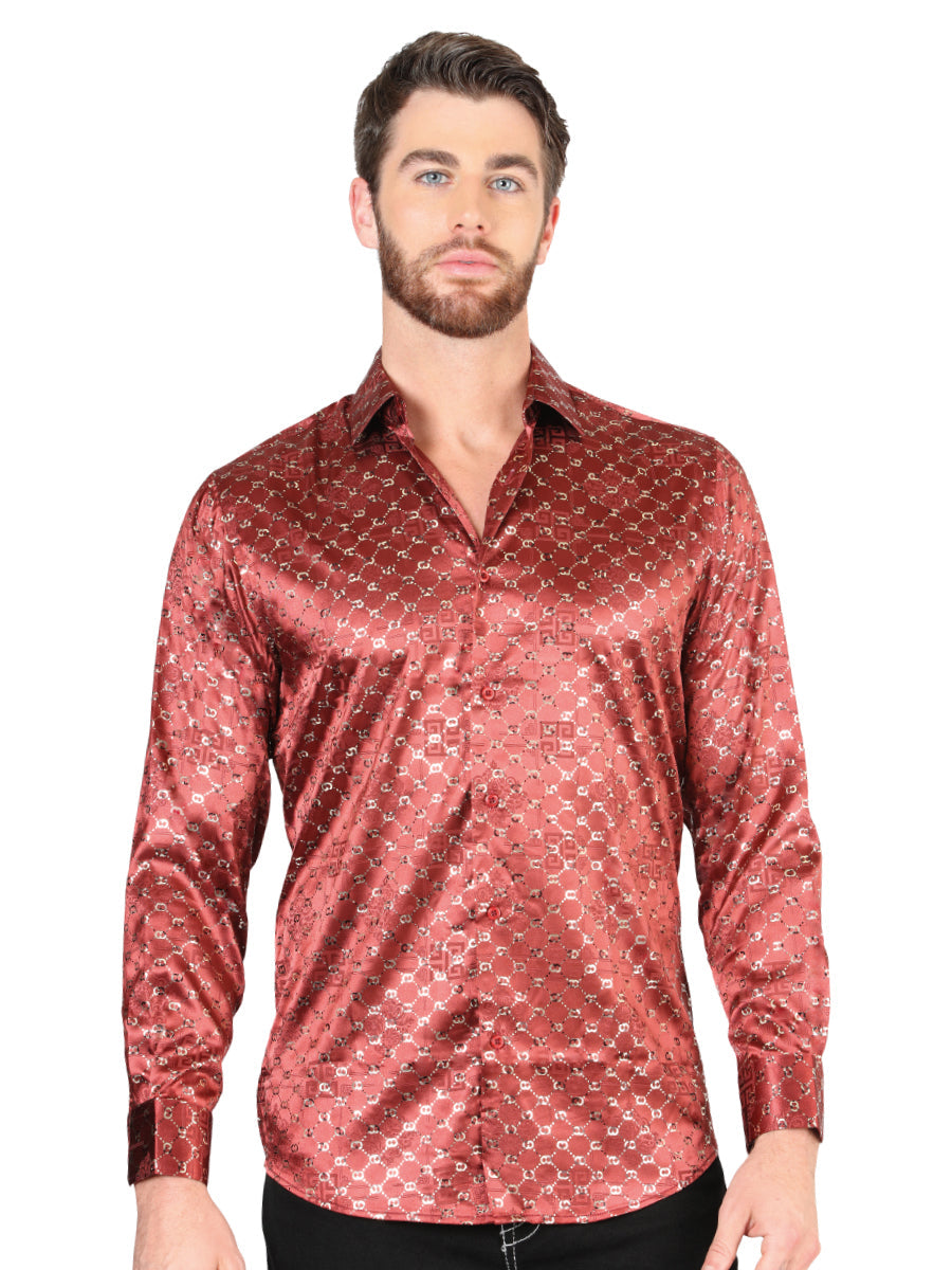 Camisa Casual Manga Larga Estampada Burgandy para Hombre 'El Señor de los Cielos' - ID: 44546 Camisas Estampadas El Señor de los Cielos Burgandy