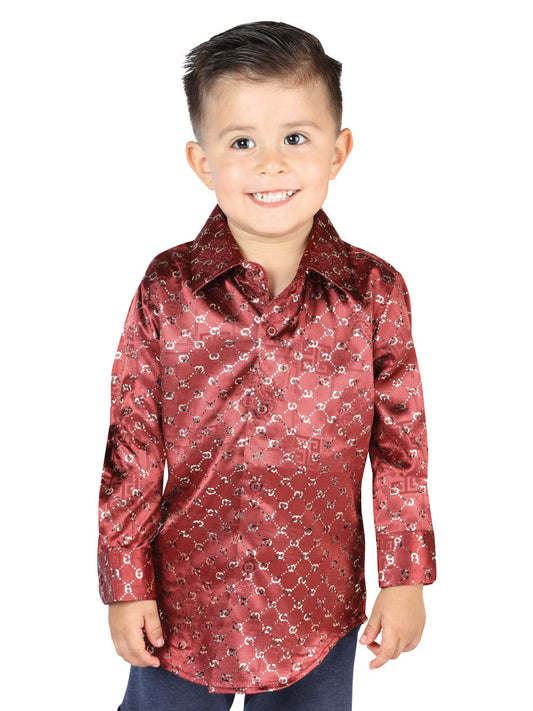 Camisa Casual Manga Larga Estampada Burgandy para Niños 'El Señor de los Cielos' - ID: 44564 Camisas Estampadas El Señor de los Cielos Burgandy