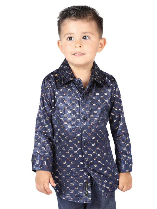 Camisa Casual Manga Larga Estampada Marino/Oro para Niños 'El Señor de los Cielos' - ID: 44566 Camisas Estampadas El Señor de los Cielos Navy/Gold