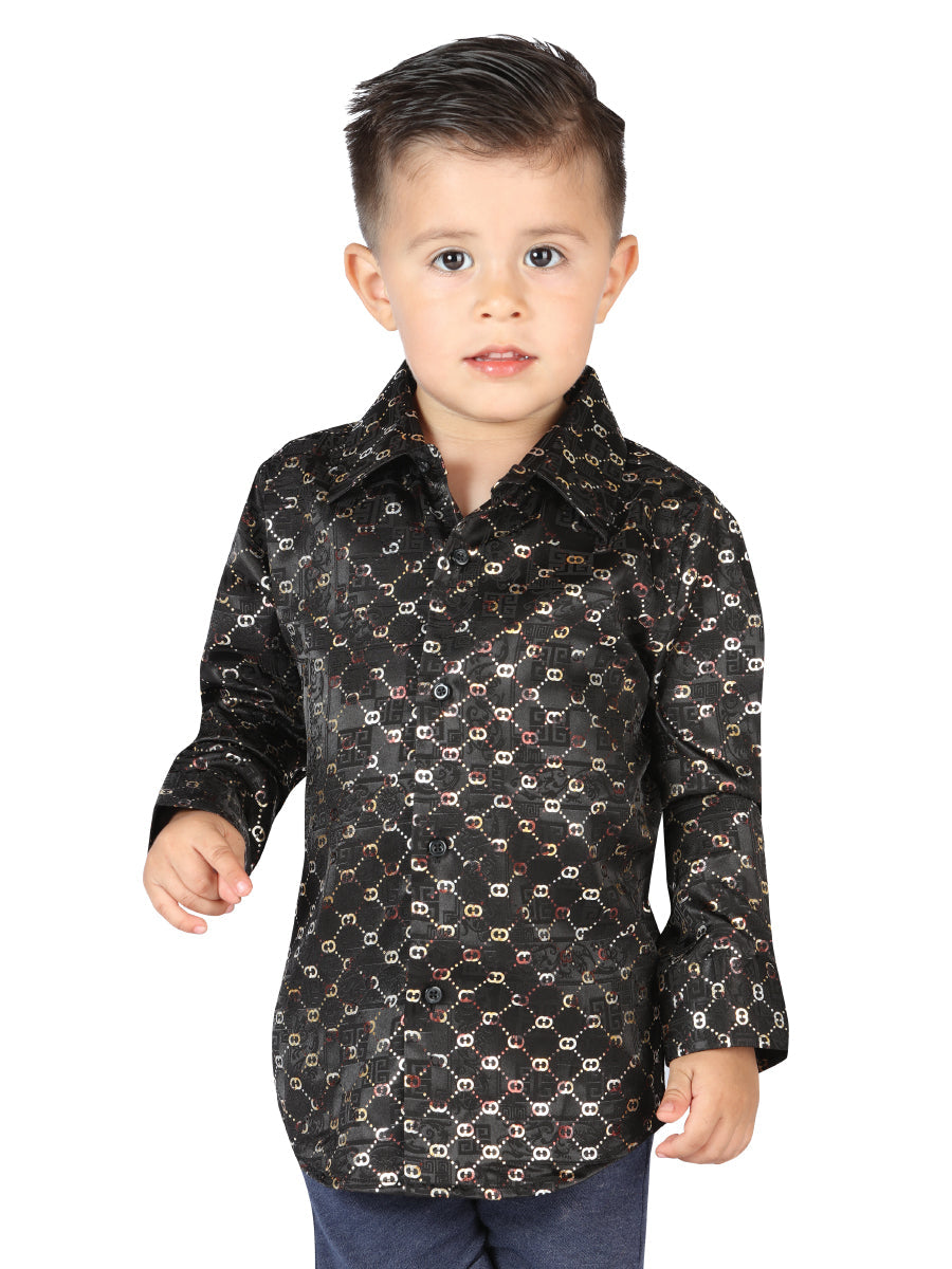 Camisa Casual Manga Larga Estampada Negro/Plata para Niños 'El Señor de los Cielos' - ID: 44567 Camisas Estampadas El Señor de los Cielos Black/Silver