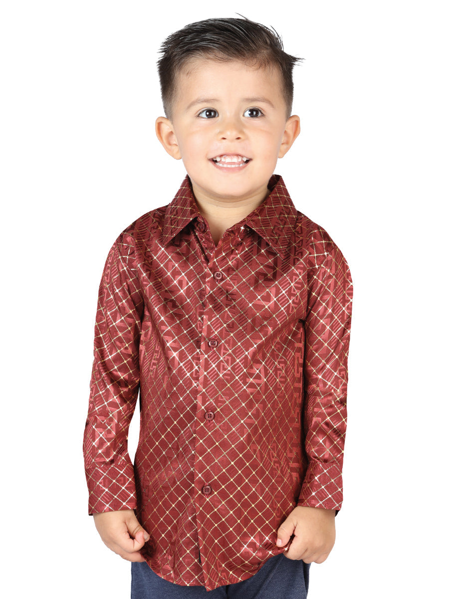 Camisa Casual Manga Larga Estampada Burgandy para Niños 'El Señor de los Cielos' - ID: 44570 Camisas Estampadas El Señor de los Cielos Burgandy