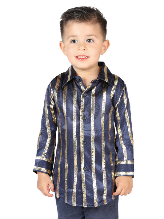 Camisa Casual Manga Larga Estampada Marino/Oro para Niños 'El Señor de los Cielos' - ID: 44571 Camisas Estampadas El Señor de los Cielos Navy/Gold