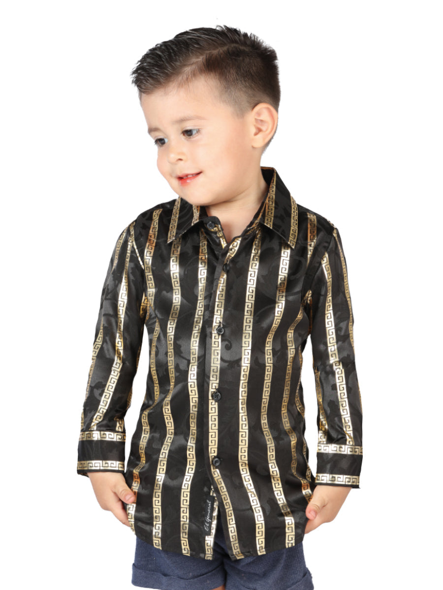 Camisa Casual Manga Larga Estampada Negro/Oro para Niños 'El Señor de los Cielos' - ID: 44572 Camisas Estampadas El Señor de los Cielos Black/Gold