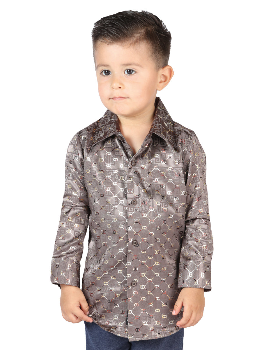 Camisa Casual Manga Larga Estampada Cafe para Niños 'El Señor de los Cielos' - ID: 44584 Camisas Estampadas El Señor de los Cielos Brown