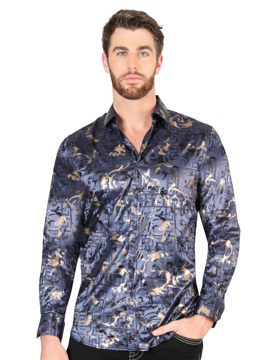 Camisa Casual Manga Larga Estampada Azul Marino para Hombre 'El Señor de los Cielos' - ID: 44589 Camisas Estampadas El Señor de los Cielos Navy Blue