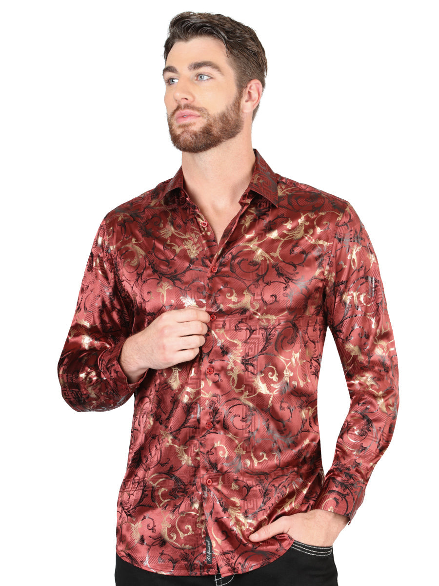 Camisa Casual Manga Larga Estampada Burgandy para Hombre 'El Señor de los Cielos' - ID: 44590 Camisas Estampadas El Señor de los Cielos Burgandy