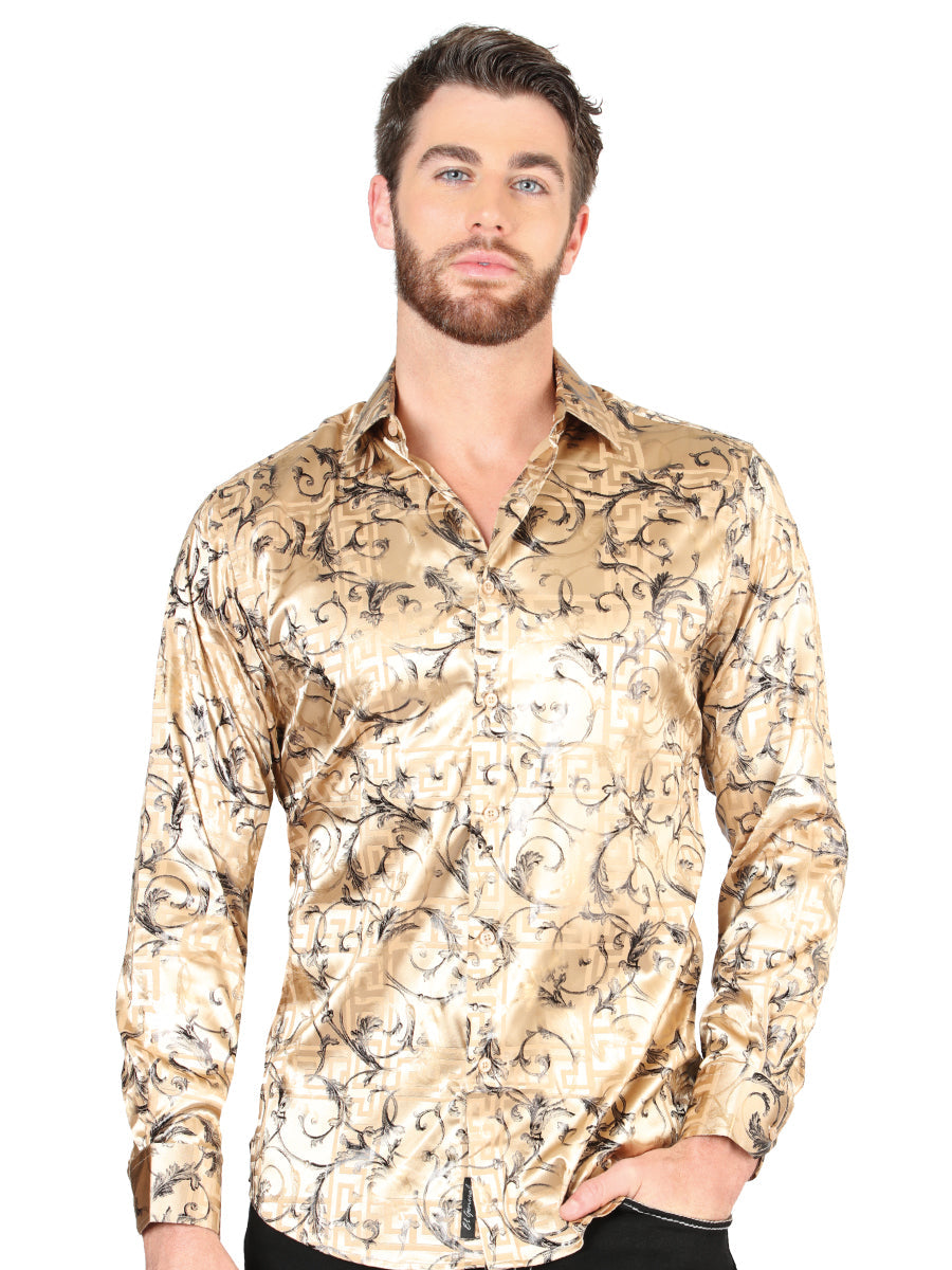 Camisa Casual Manga Larga Estampada Beige para Hombre 'El Señor de los Cielos' - ID: 44591 Camisas Estampadas El Señor de los Cielos Beige