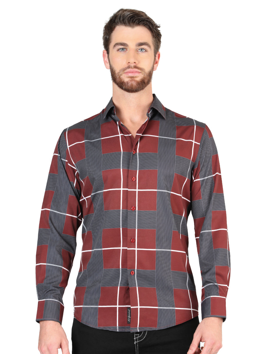 Camisa Casual Manga Larga Estampada Cuadros Burgandy para Hombre 'El Señor de los Cielos' - ID: 44603 Casual Shirt El Señor de los Cielos Burgandy