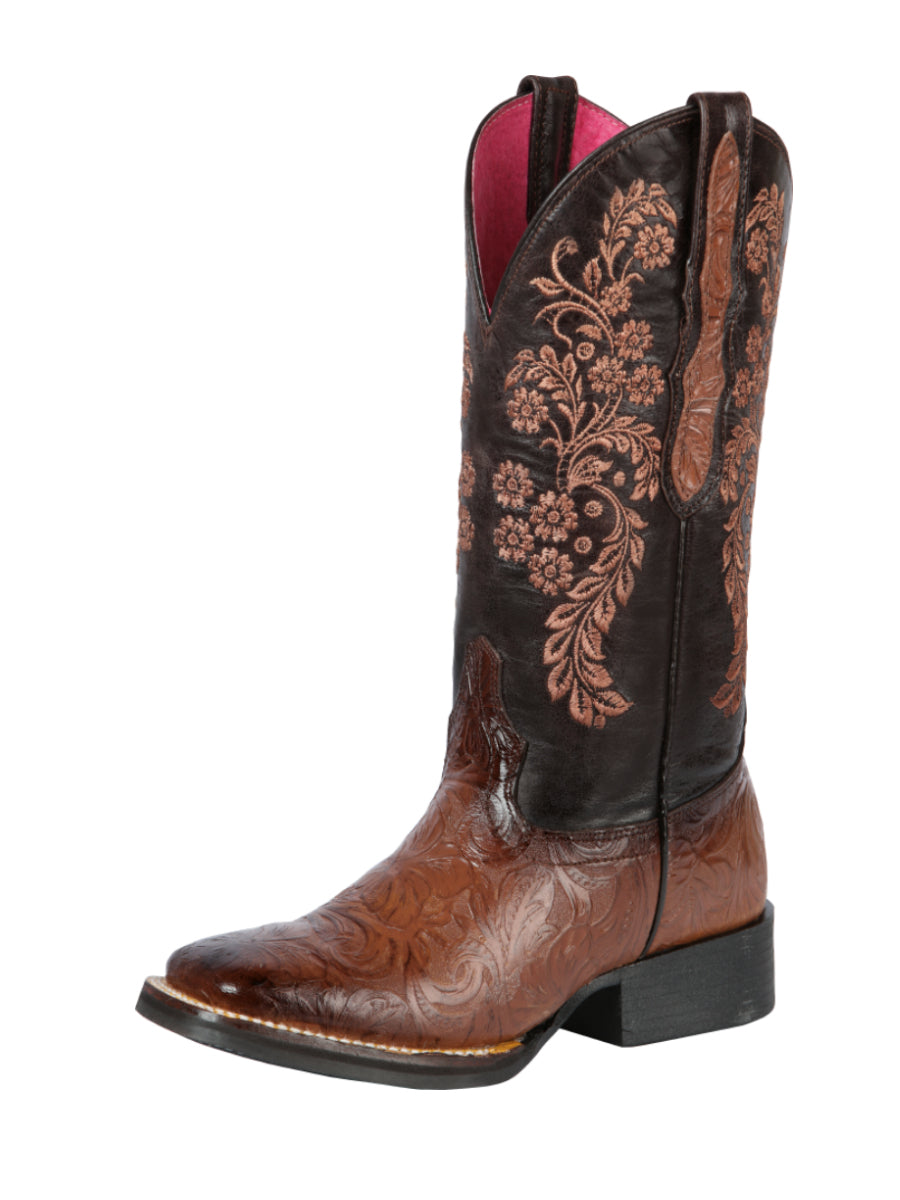 Botas Vaqueras Rodeo con Grabado Floral de Piel Genuina para Mujer 'El General' - ID: 44633 Botas Rodeo Piel Genuina El General Cognac/Choco