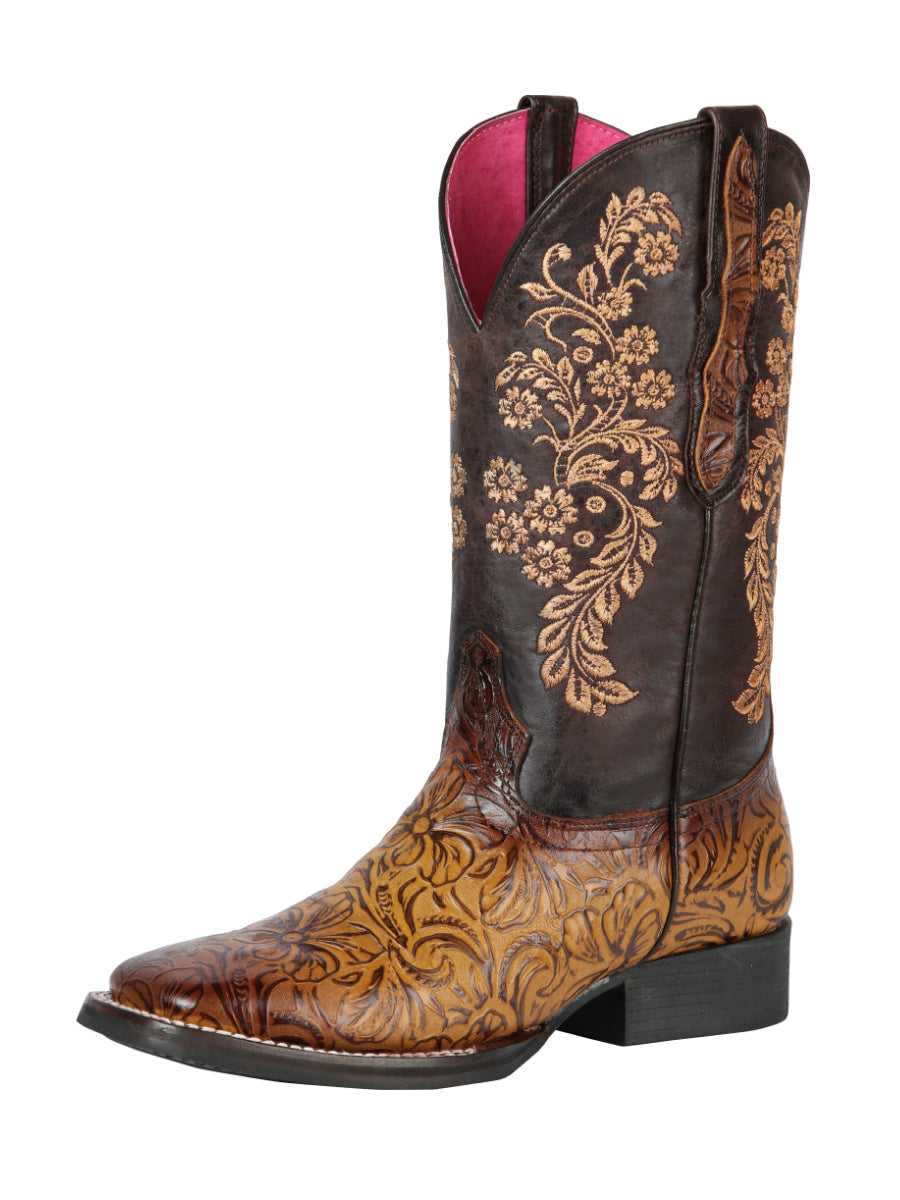 Botas Vaqueras Rodeo con Grabado Floral de Piel Genuina para Mujer 'El General' - ID: 44634 Botas Rodeo Piel Genuina El General Orix Ahumado