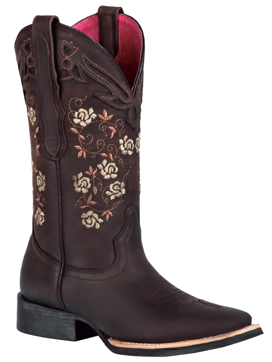 Botas Vaqueras Rodeo con Tubo Bordado de Flores de Piel Genuina para Mujer 'El General' - ID: 44635 Botas Rodeo Piel Genuina El General 