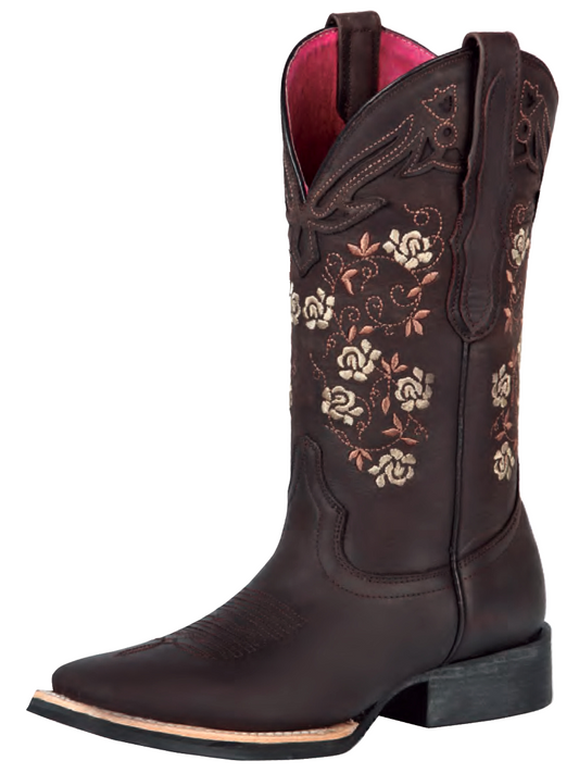 Botas Vaqueras Rodeo con Tubo Bordado de Flores de Piel Genuina para Mujer 'El General' - ID: 44635 Botas Rodeo Piel Genuina El General Cafe