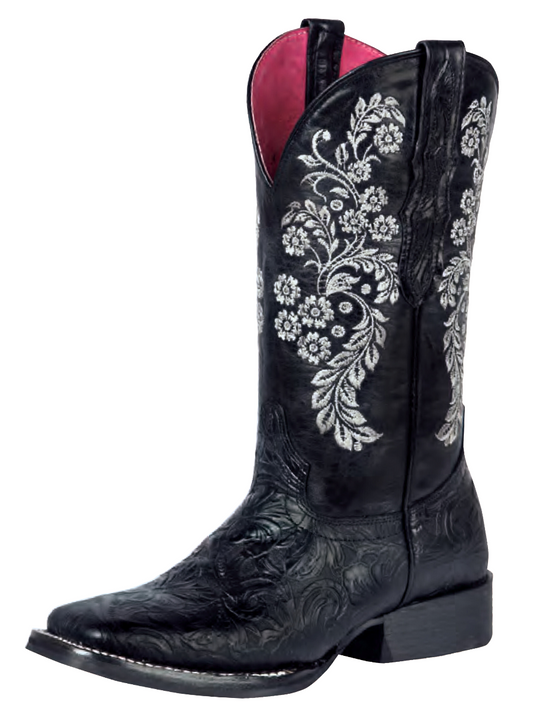 Botas Vaqueras Rodeo con Grabado Floral de Piel Genuina para Mujer 'El General' - ID: 44636 Botas Rodeo Piel Genuina El General Negro