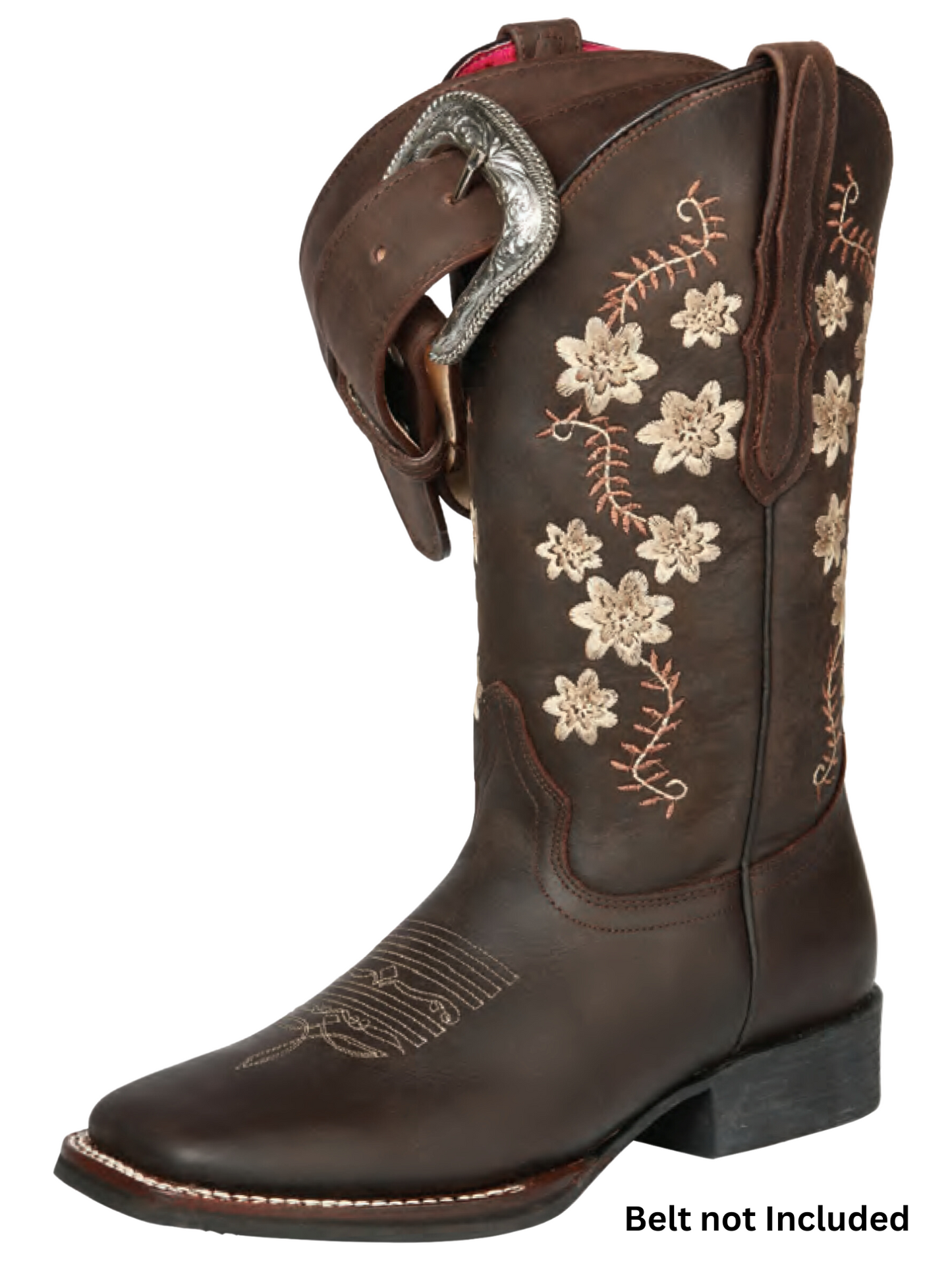 Botas Vaqueras Rodeo con Tubo Bordado de Flores de Piel Genuina para Mujer 'El General' - ID: 44641 Botas Rodeo Piel Genuina El General 