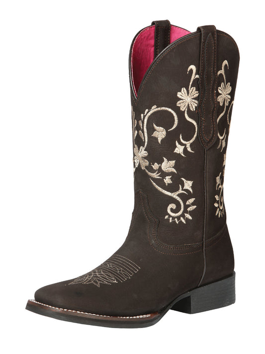 Botas Vaqueras Rodeo con Tubo Bordado de Flores de Piel Nobuck para Mujer 'El General' - ID: 44642 Botas Rodeo Piel Nobuck El General Cafe