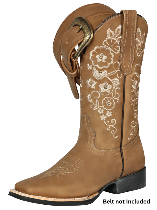 Botas Vaqueras Rodeo con Tubo Bordado de Flores de Piel Genuina para Mujer 'El General' - ID: 44643 Botas Rodeo Piel Genuina El General 