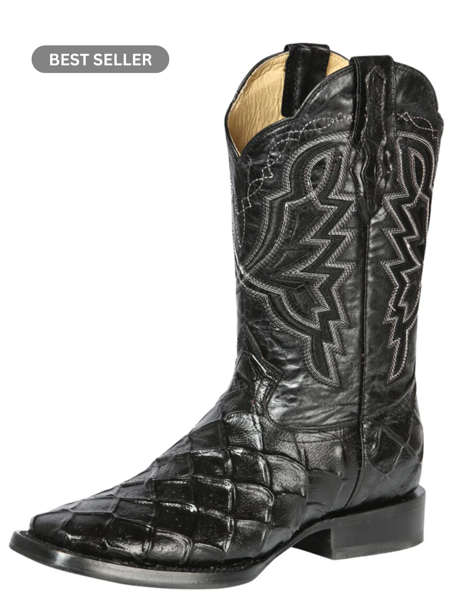 Botas Vaqueras Rodeo Imitacion de Monster Fish Grabado en Piel Vacuno para Hombre 'El General' - ID: 44663 Botas Monster Fish Print El General Negro