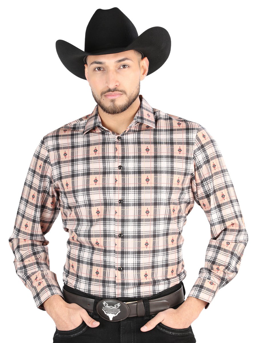 Camisa Vaquera Manga Larga Estampada Cuadros Beige/Negro para Hombre 'El Señor de los Cielos' - ID: 44698 Camisas de Cuadros El Señor de los Cielos Beige/Black