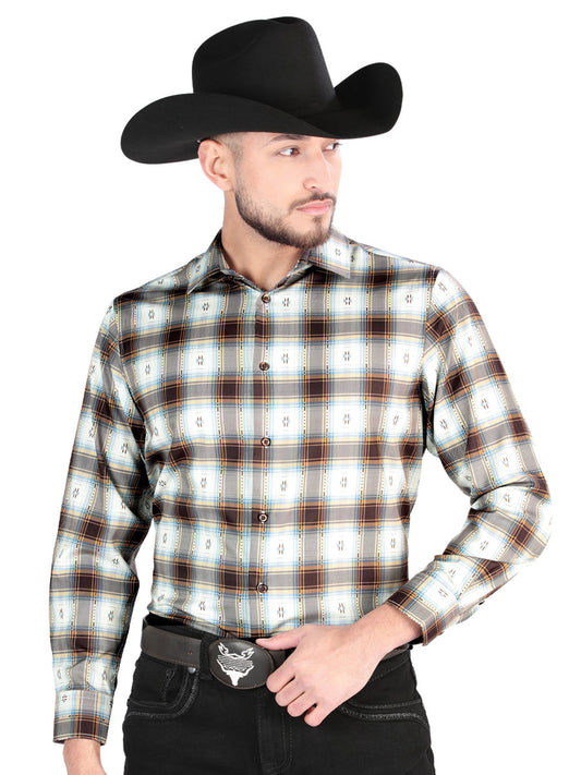 Camisa Vaquera Manga Larga Estampada Cuadros Cafe/Arena para Hombre 'El Señor de los Cielos' - ID: 44700 Camisas de Cuadros El Señor de los Cielos Brown/Sand