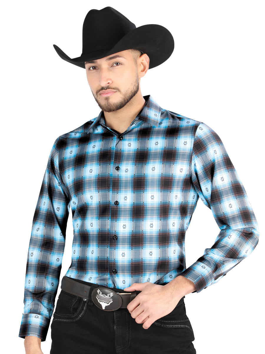 Camisa Vaquera Manga Larga Estampada Cuadros Azul/Negro para Hombre 'El Señor de los Cielos' - ID: 44702 Camisas de Cuadros El Señor de los Cielos Blue/Black