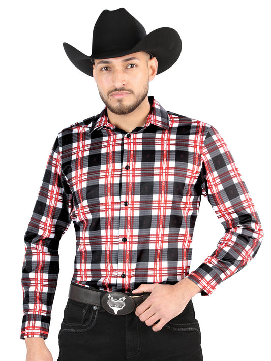 Camisa Vaquera Manga Larga Estampada Cuadros Blanco/Rojo para Hombre 'El Señor de los Cielos' - ID: 44707 Camisas de Cuadros El Señor de los Cielos White/Red