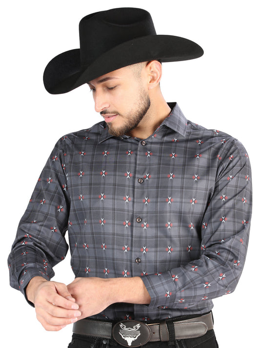 Camisa Vaquera Manga Larga Estampada Cuadros Gris/Cafe para Hombre 'El Señor de los Cielos' - ID: 44708 Camisas de Cuadros El Señor de los Cielos Gray/Brown