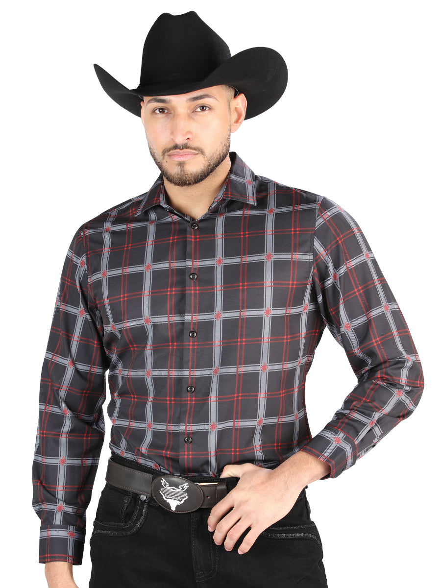 Camisa Vaquera Manga Larga Estampada Cuadros Negro/Gris para Hombre 'El Señor de los Cielos' - ID: 44709 Camisas de Cuadros El Señor de los Cielos Black/Gray