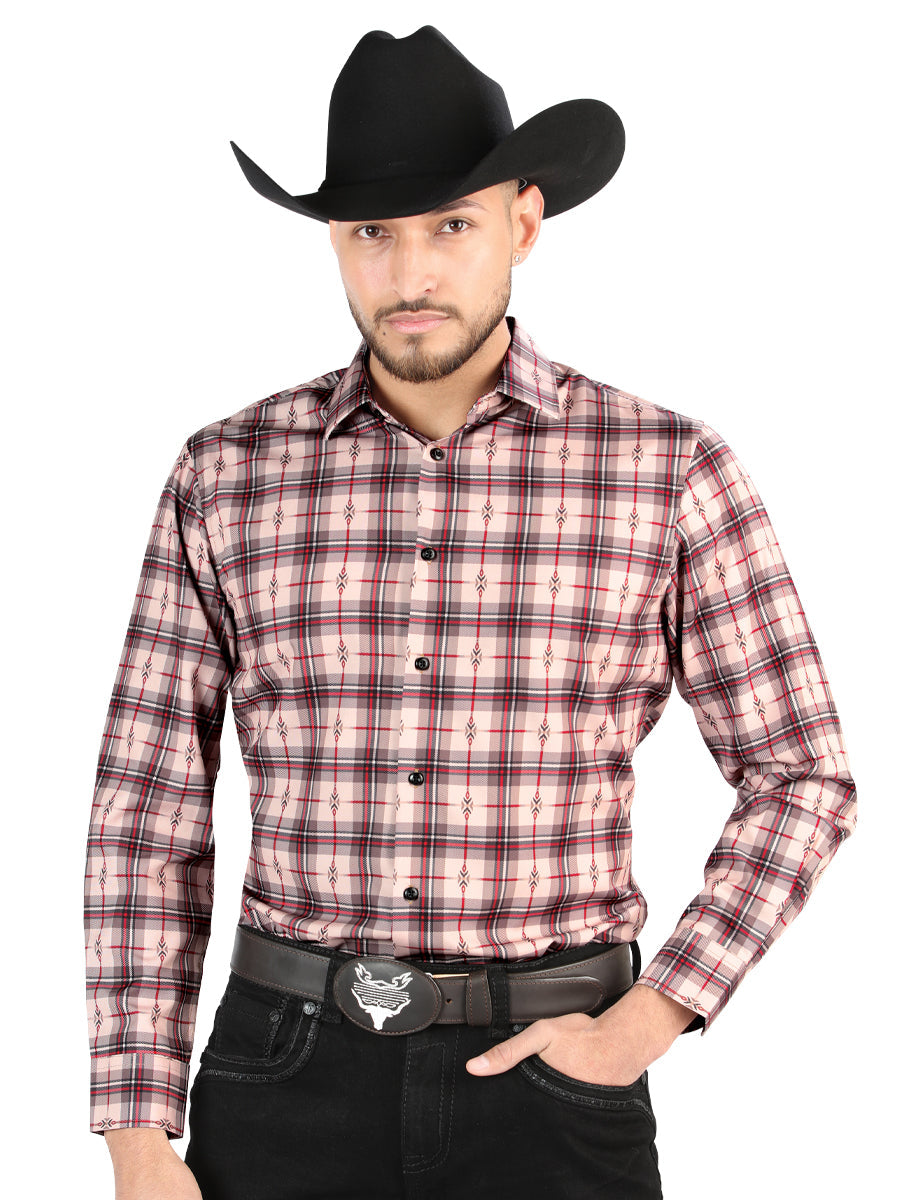 Camisa Vaquera Manga Larga Estampada Cuadros Beige/Rojo para Hombre 'El Señor de los Cielos' - ID: 44711 Camisas de Cuadros El Señor de los Cielos Beige/Red