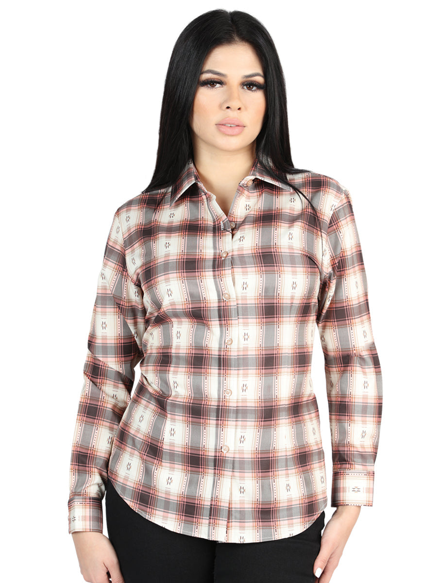 Camisa Vaquera Manga Larga Estampada Cuadros Naranja/Beige para Mujer 'El Señor de los Cielos' - ID: 44716 Camisas de Cuadros El Señor de los Cielos Orange/Beige