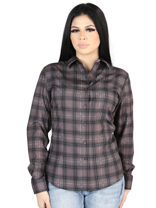 Camisa Vaquera Manga Larga Estampada Cuadros Moka/Olivo para Mujer 'El Señor de los Cielos' - ID: 44729 Camisas de Cuadros El Señor de los Cielos Moka/Olive