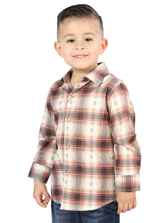 Camisa Vaquera Manga Larga Estampada Cuadros Naranja/Beige para Niños 'El Señor de los Cielos' - ID: 44733 Camisas de Cuadros El Señor de los Cielos Orange/Beige