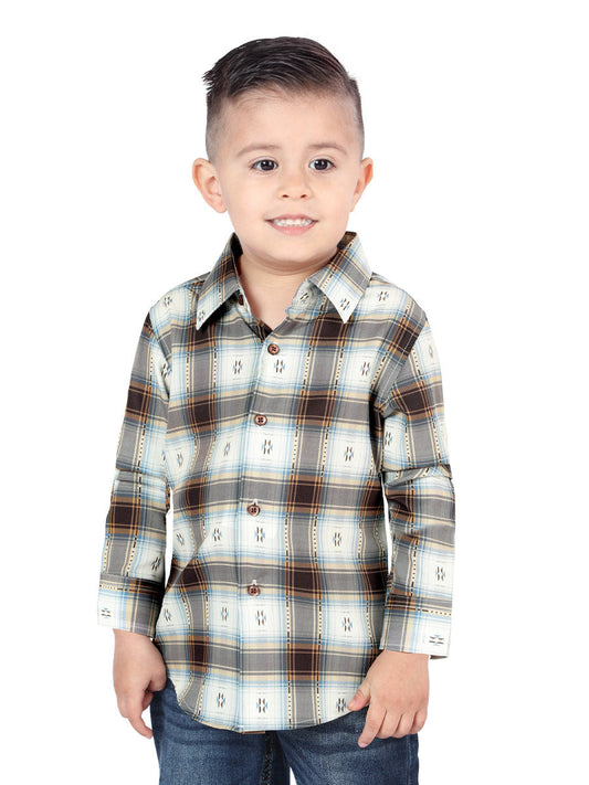 Camisa Vaquera Manga Larga Estampada Cuadros Cafe/Arena para Niños 'El Señor de los Cielos' - ID: 44734 Camisas de Cuadros El Señor de los Cielos Brown/Sand