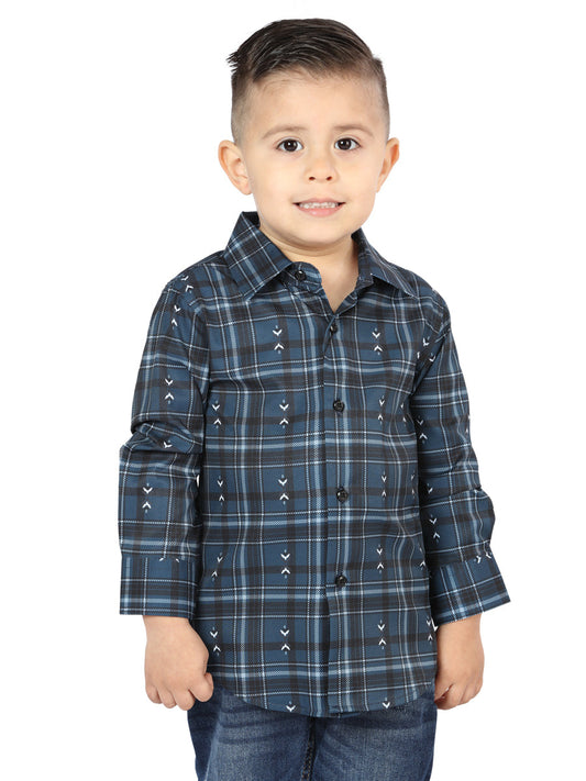 Camisa Vaquera Manga Larga Estampada Cuadros Marino/Blanco para Niños 'El Señor de los Cielos' - ID: 44740 Camisas de Cuadros El Señor de los Cielos Navy/White