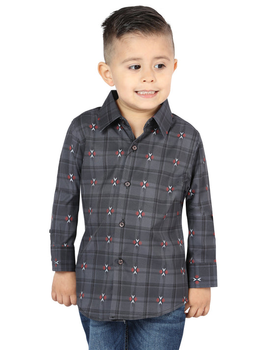 Camisa Vaquera Manga Larga Estampada Cuadros Gris/Cafe para Niños 'El Señor de los Cielos' - ID: 44742 Camisas de Cuadros El Señor de los Cielos Gray/Brown