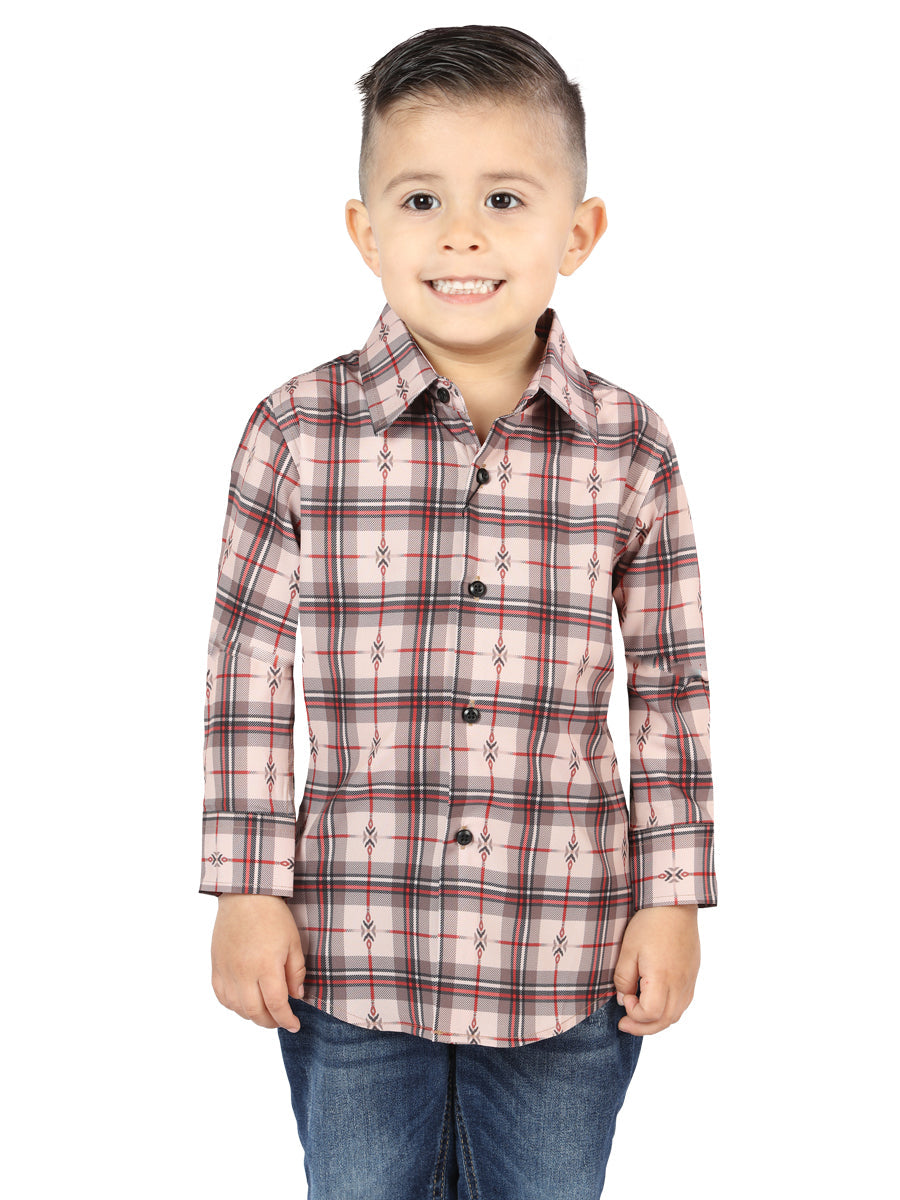 Camisa Vaquera Manga Larga Estampada Cuadros Beige/Rojo para Niños 'El Señor de los Cielos' - ID: 44745 Camisas de Cuadros El Señor de los Cielos Beige/Red