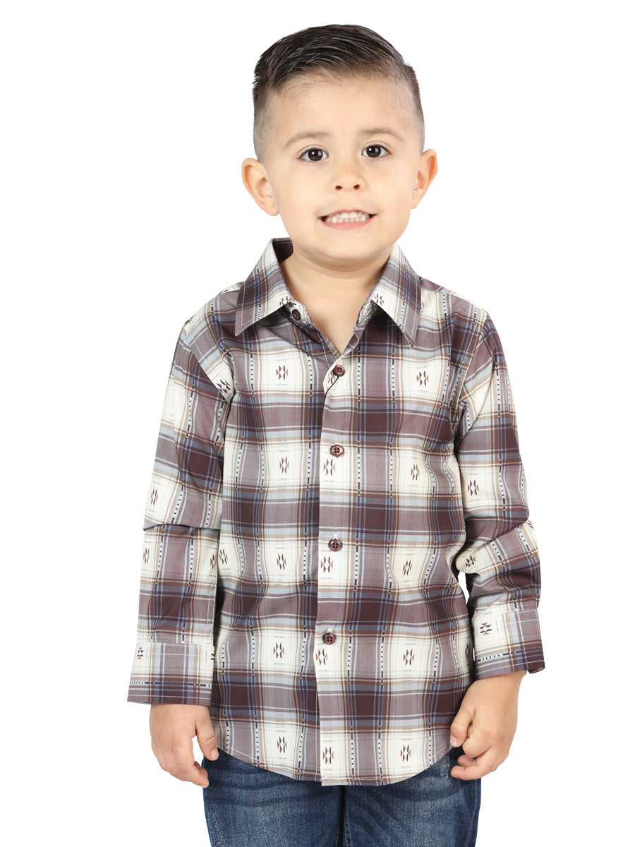 Camisa Vaquera Manga Larga Estampada Cuadros Beige/Burgandy para Niños 'El Señor de los Cielos' - ID: 44747 Camisas de Cuadros El Señor de los Cielos Beige/Burgandy