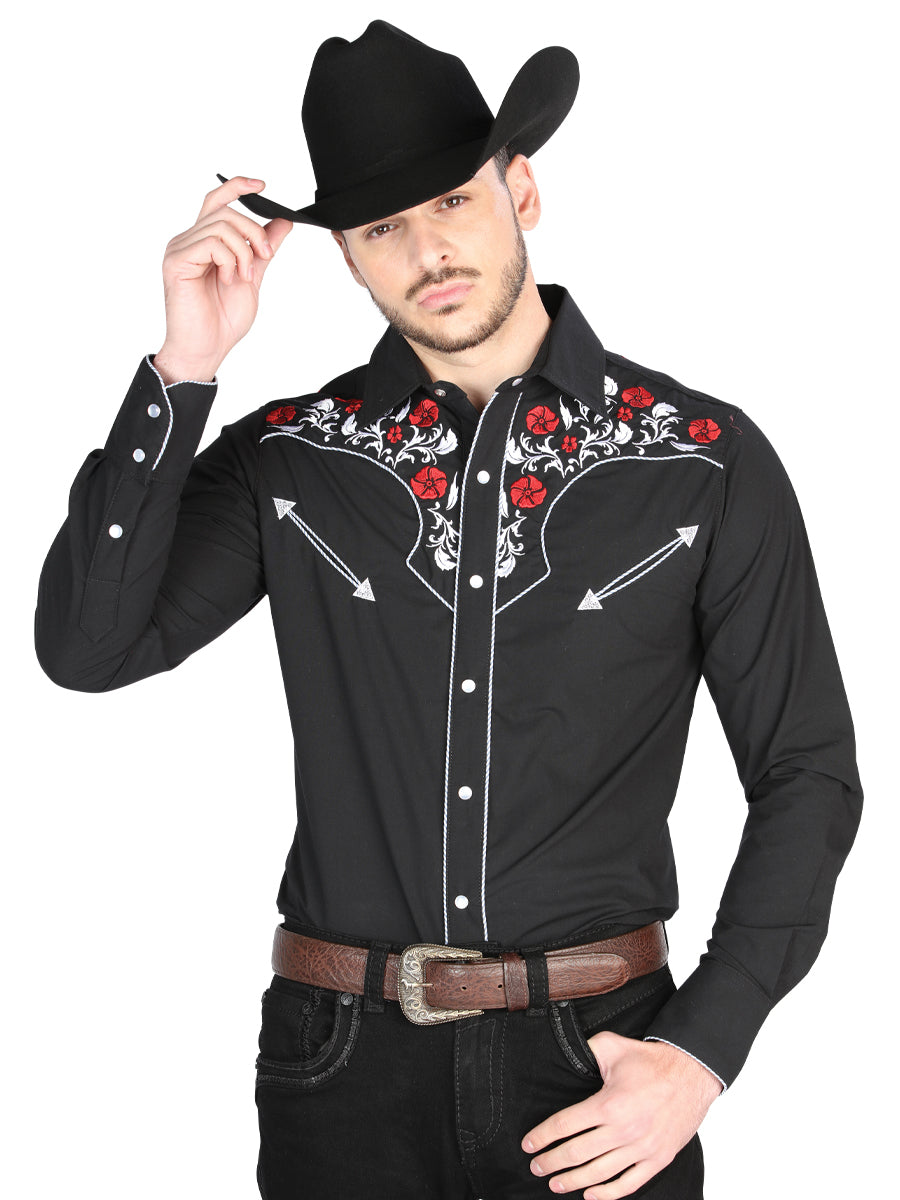 Camisa Vaquera Manga Larga Bordada Floral Negro para Hombre 'El General' - ID: 44910 Camisas Bordadas El General Black