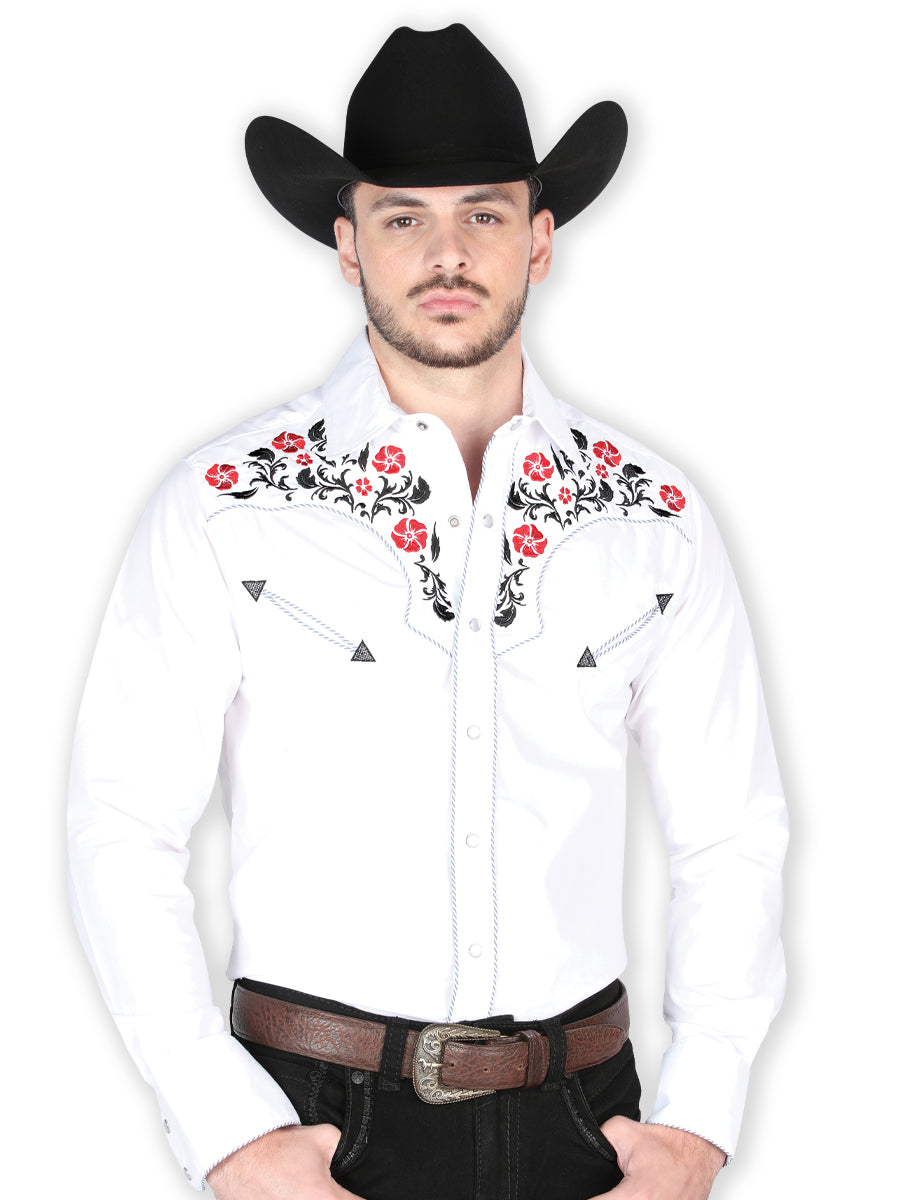 Camisa Vaquera Manga Larga Bordada Floral Blanco para Hombre 'El General' - ID: 44911 Camisas Bordadas El General White