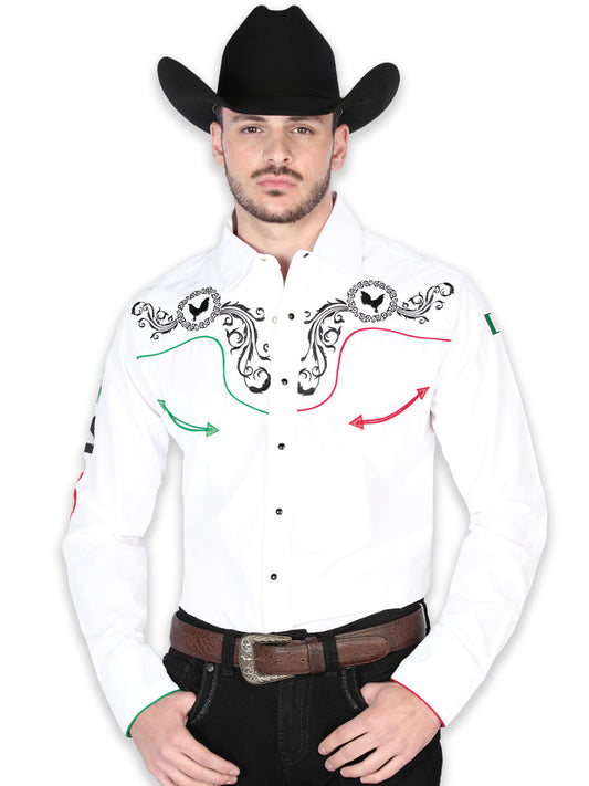 Camisa Vaquera Manga Larga Bordada Blanco para Hombre 'El General' - ID: 44917 Camisas Bordadas El General White