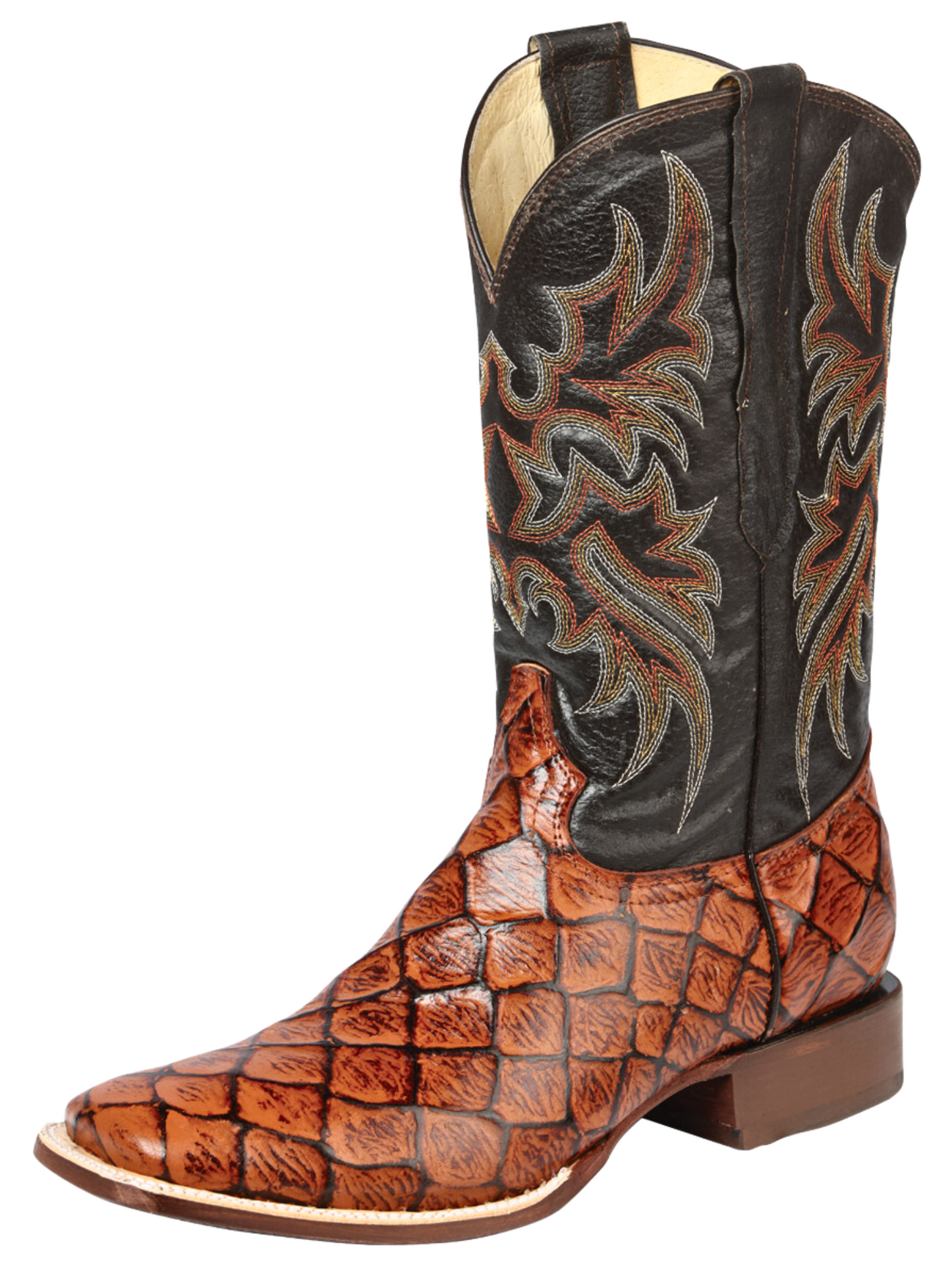 Botas Vaqueras Rodeo Imitacion de Monster Fish Grabado en Piel Vacuno para Hombre 'El Señor de los Cielos' - ID: 44933 Botas Caiman Print El Señor de los Cielos Cognac