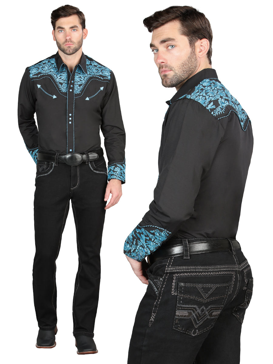 Pantalon Vaquero de Mezclilla Premium Boot Cut, Bordado Stretch Negro para Hombre 'Centenario' - ID: 45018 Pantalones de Vaquero Centenario Black