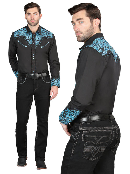 Pantalon Vaquero de Mezclilla Premium Boot Cut, Bordado Stretch Negro para Hombre 'Centenario' - ID: 45018 Pantalones de Vaquero Centenario Black