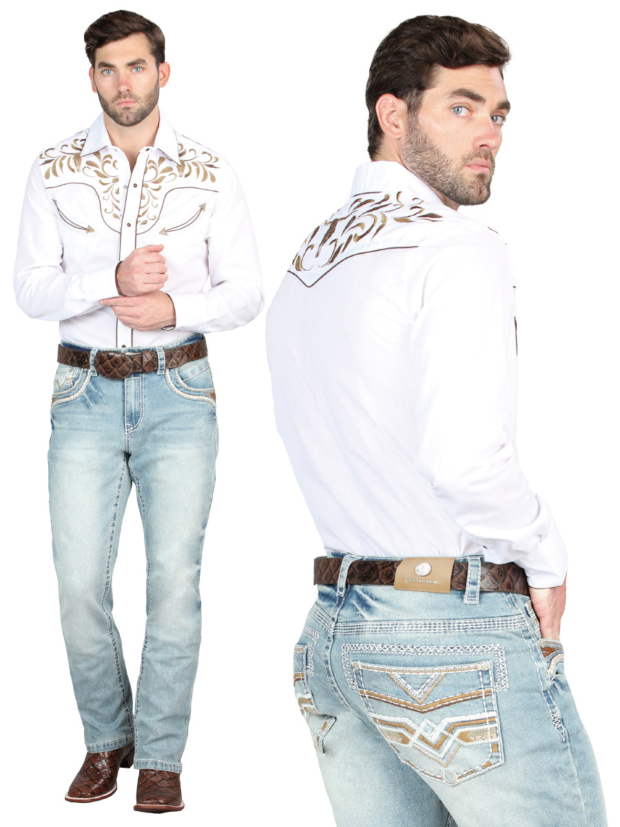 Pantalon Vaquero de Mezclilla Premium Boot Cut, Bordado Stretch Azul Claro para Hombre 'Centenario' - ID: 45019 Pantalones de Vaquero Centenario Light Blue